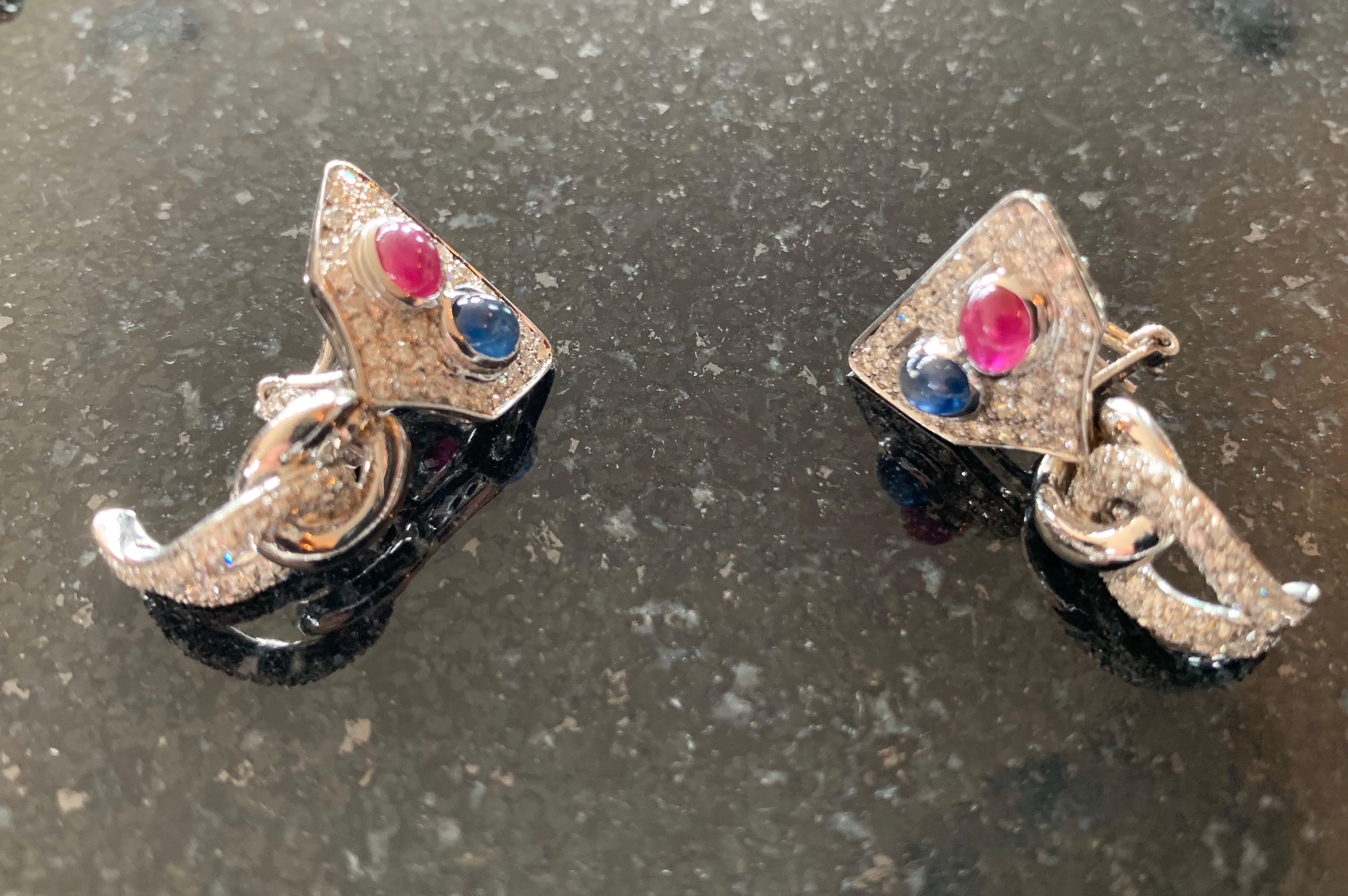Women's White Gold, Diamonds, Sapphire, Ruby Set of Earrings and Necklace For Sale