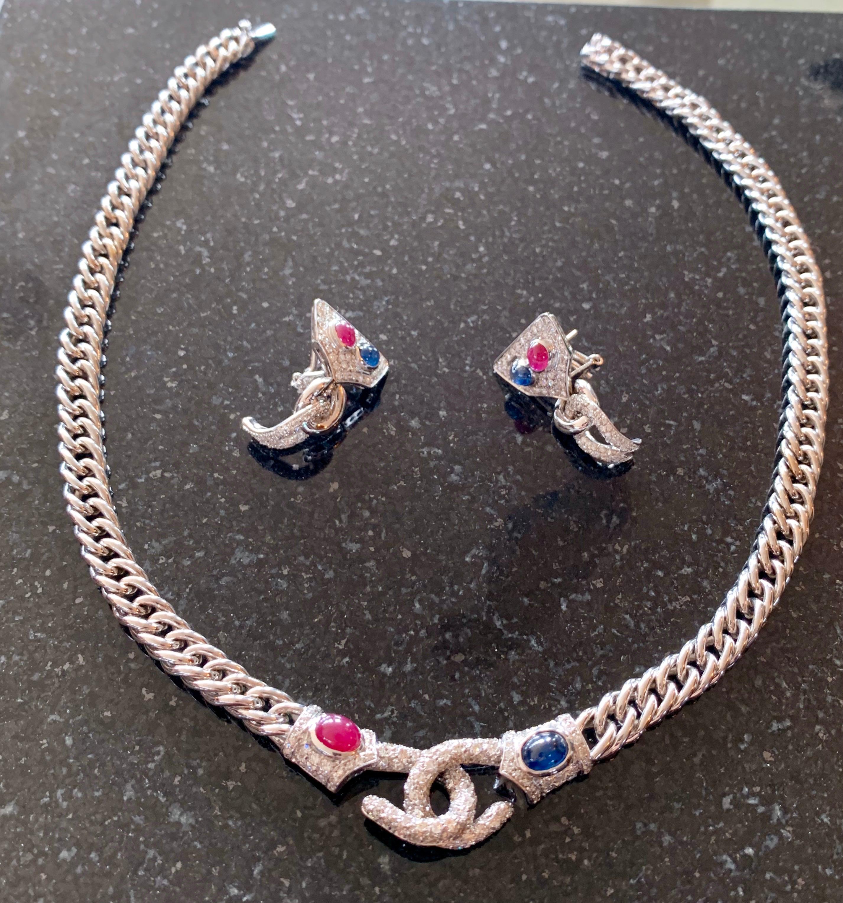 White Gold, Diamonds, Sapphire, Ruby Set of Earrings and Necklace For Sale 2