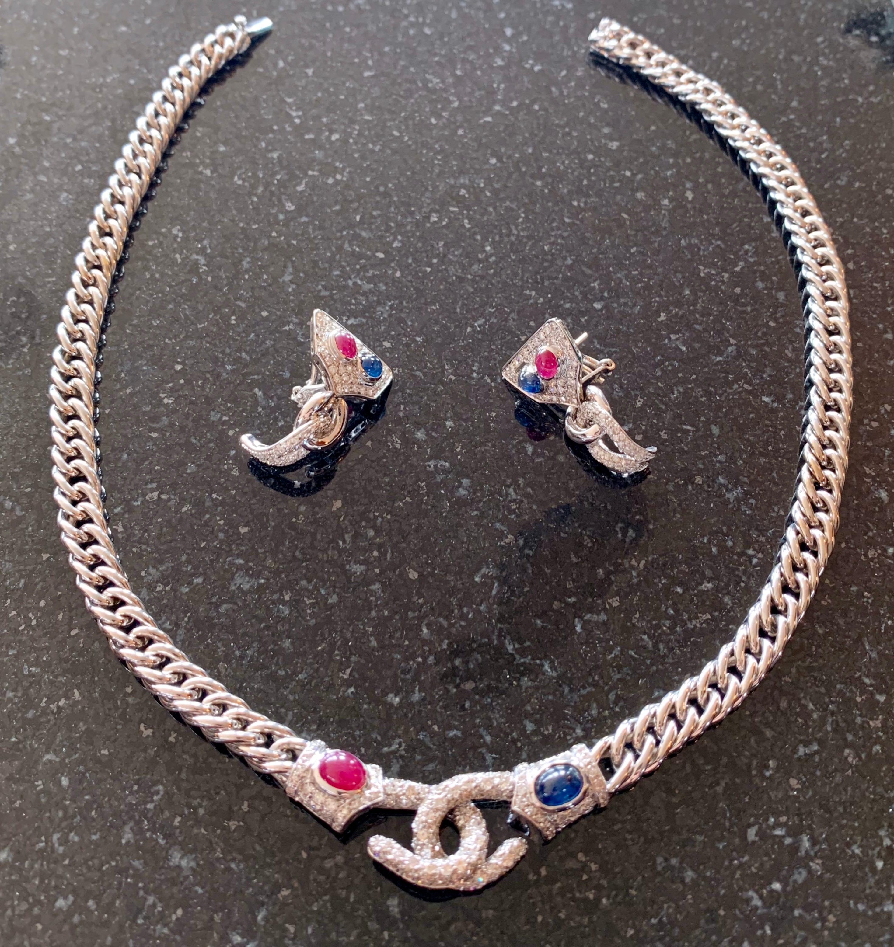 White Gold, Diamonds, Sapphire, Ruby Set of Earrings and Necklace For Sale 3