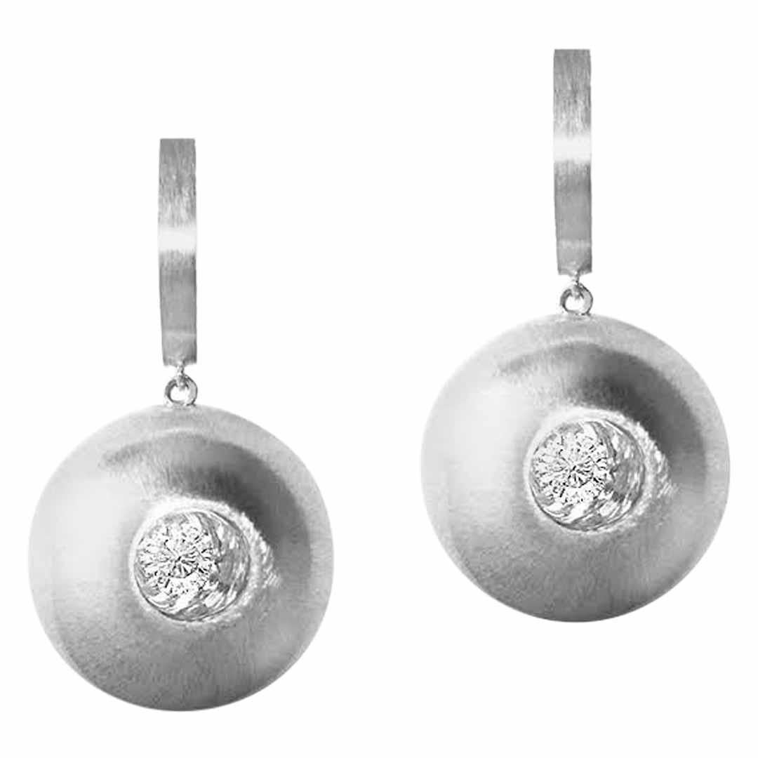 White Sapphire in White Gold Dome Drop Earrings For Sale