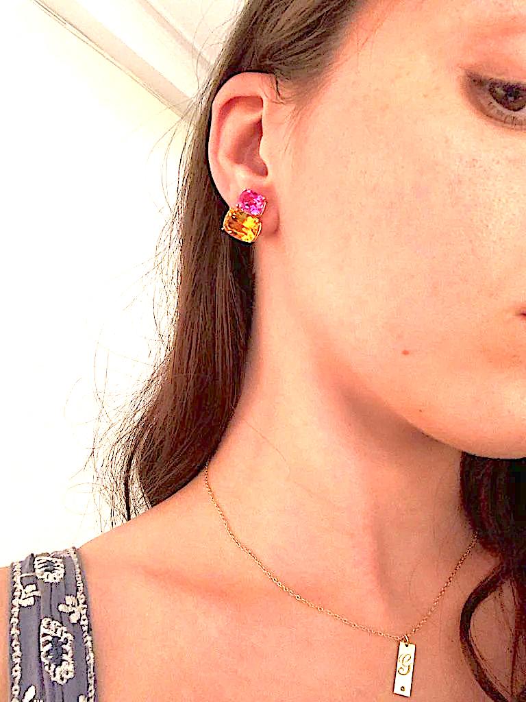 White Gold Double Cushion Earrings with Citrine and Smokey Topaz For Sale 3