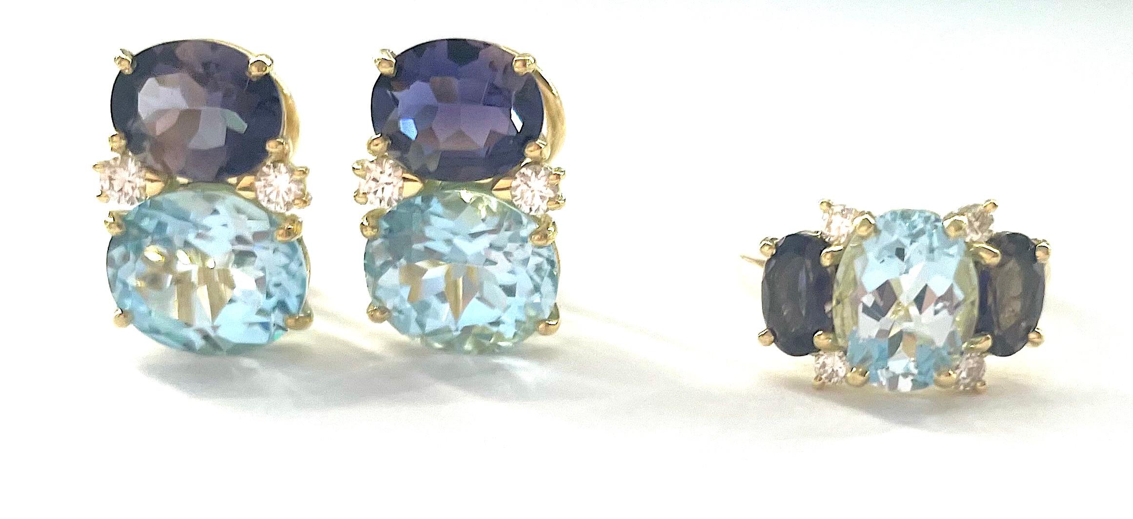 White Gold Double Cushion Earrings with Iolite and Cabochon Chalcedony For Sale 6