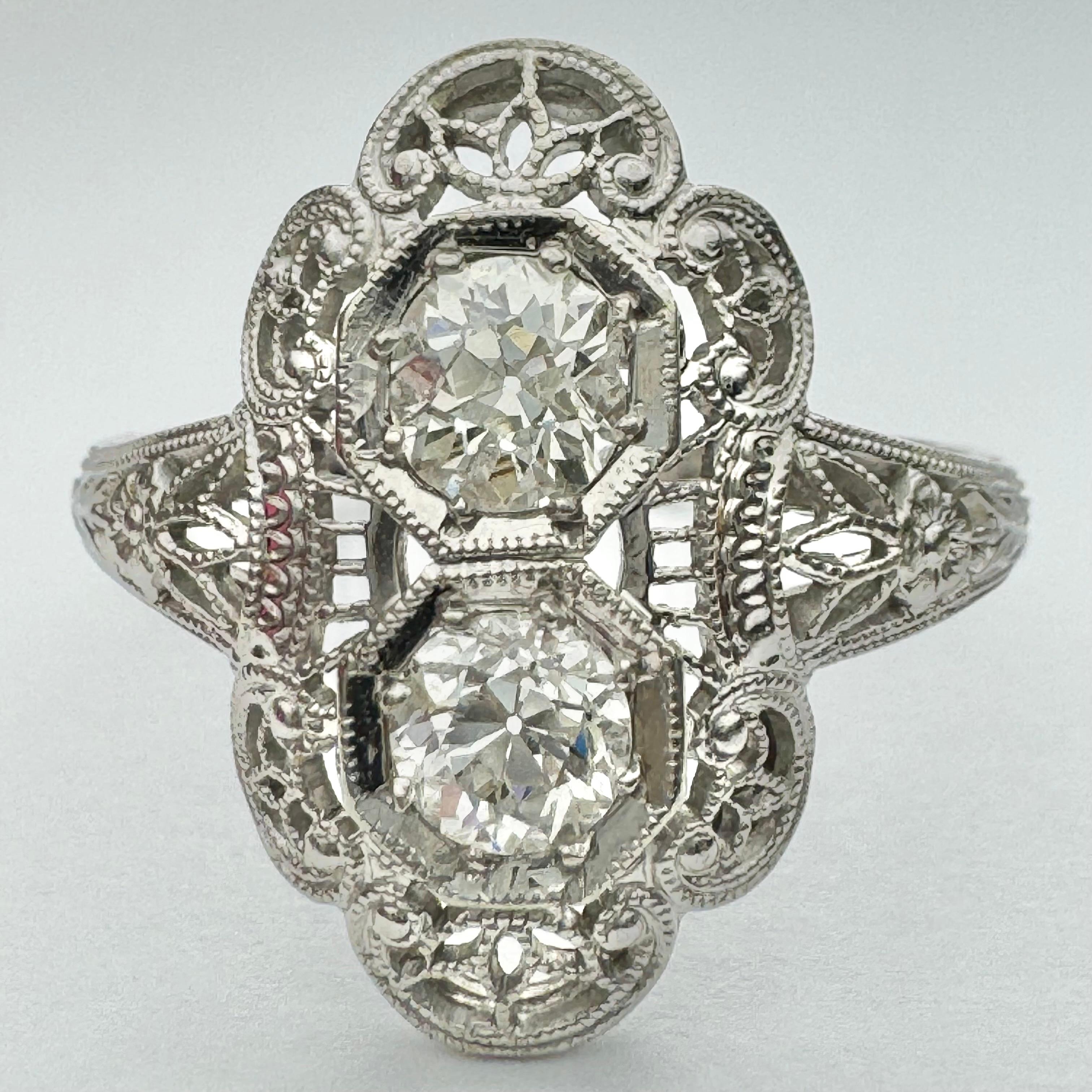 White Gold, Double Diamond Filigree Ring In Good Condition For Sale In New York, NY