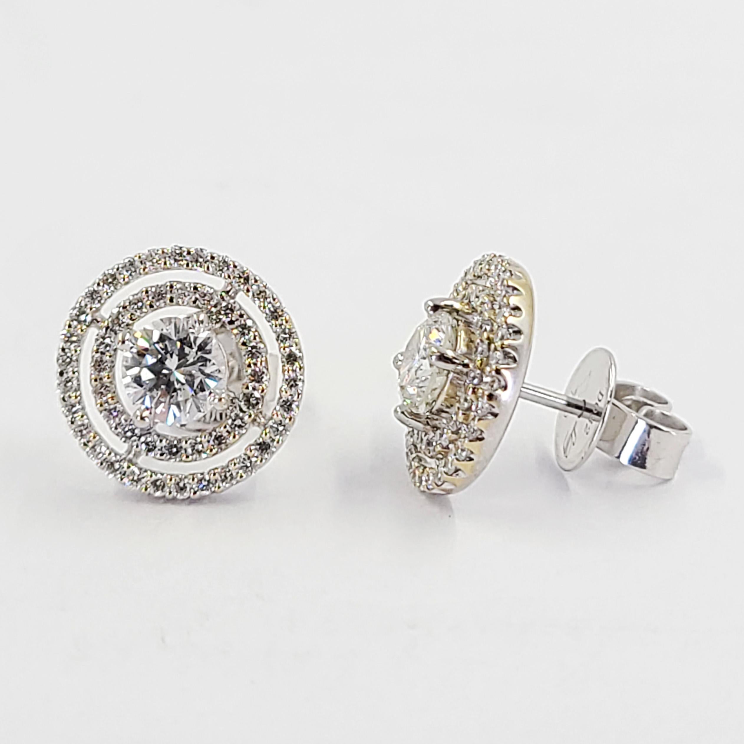 Round Cut White Gold Double Diamond Halo Stud Earrings For Sale