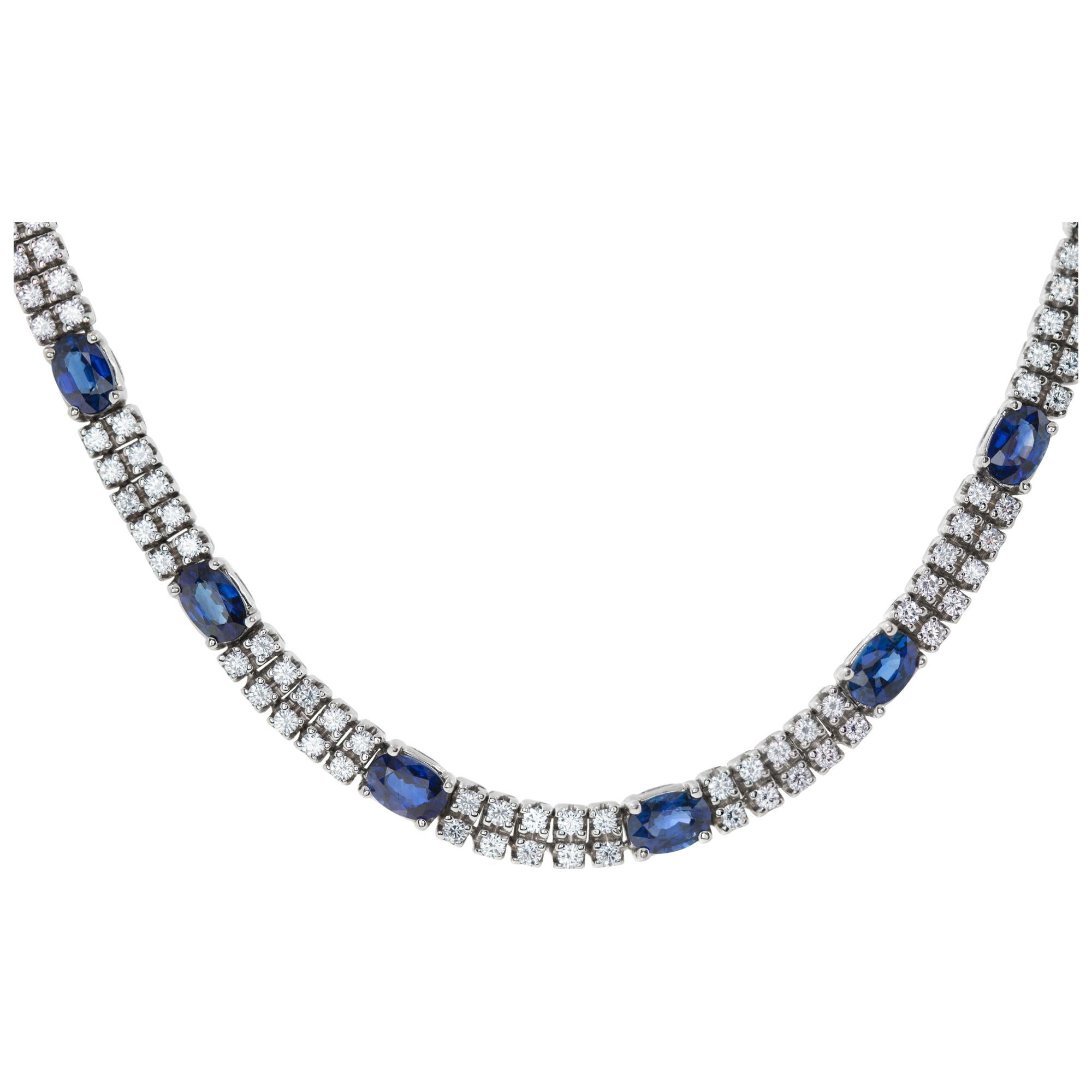 Double row tennis necklace with diamonds and oval sapphires in 18k white gold. Diamonds  approx. 11.50 carats F-G color, VS clarity and blue oval sapphires approx. 6 carats. Necklace 17 inches long and 4.4 mm width.
