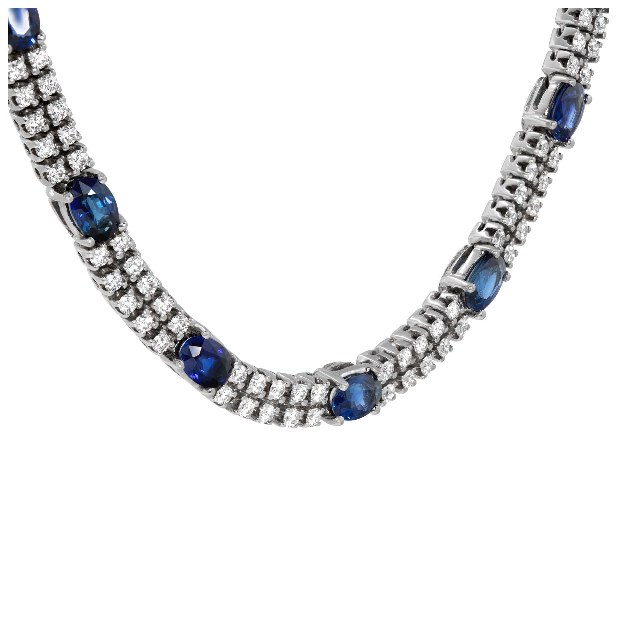 White gold double row tennis necklace with diamonds and sapphires In Excellent Condition In Surfside, FL