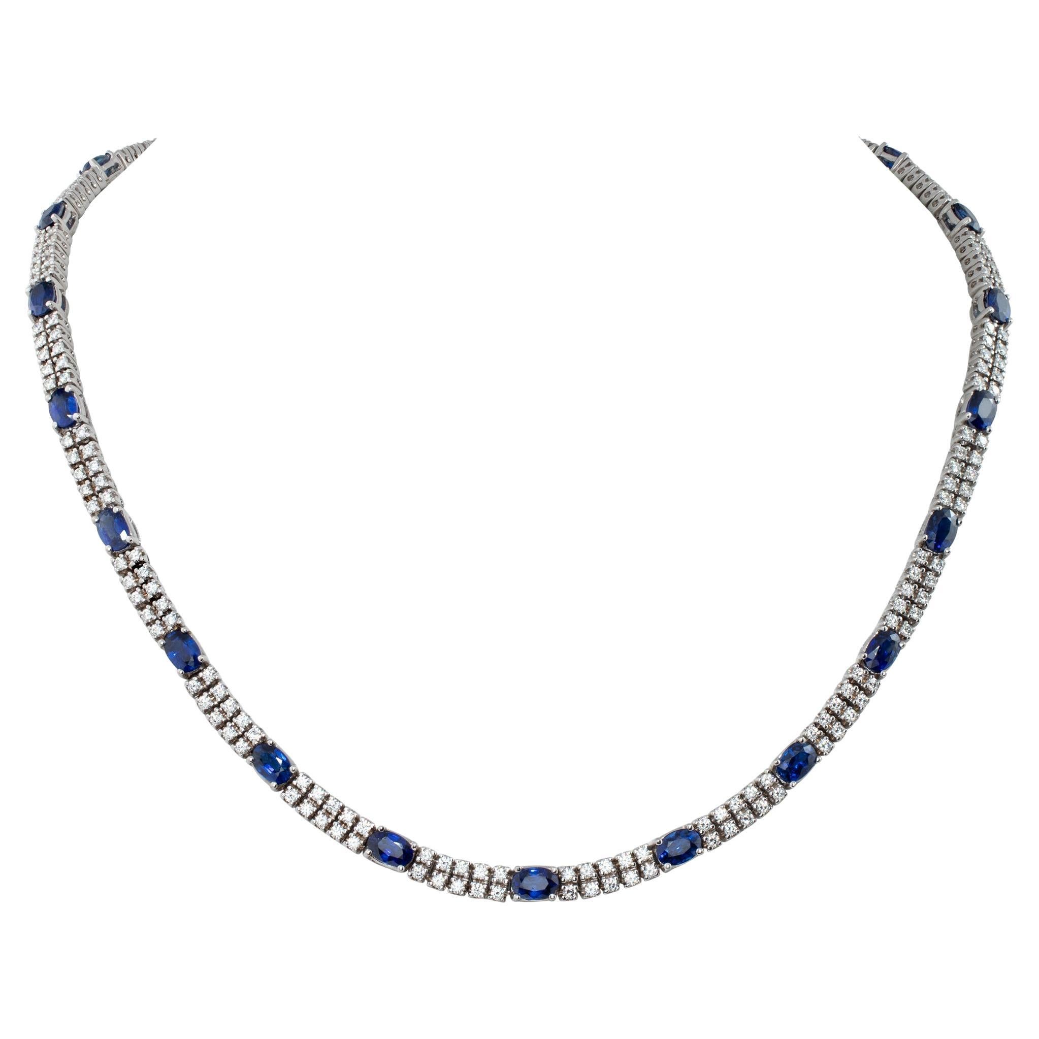White gold double row tennis necklace with diamonds and sapphires