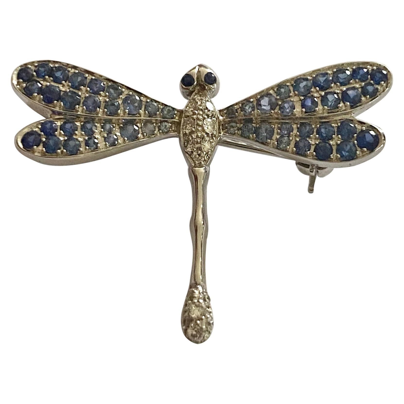 White Gold Dragonfly Brooch, Set with Sapphires and Diamonds For Sale