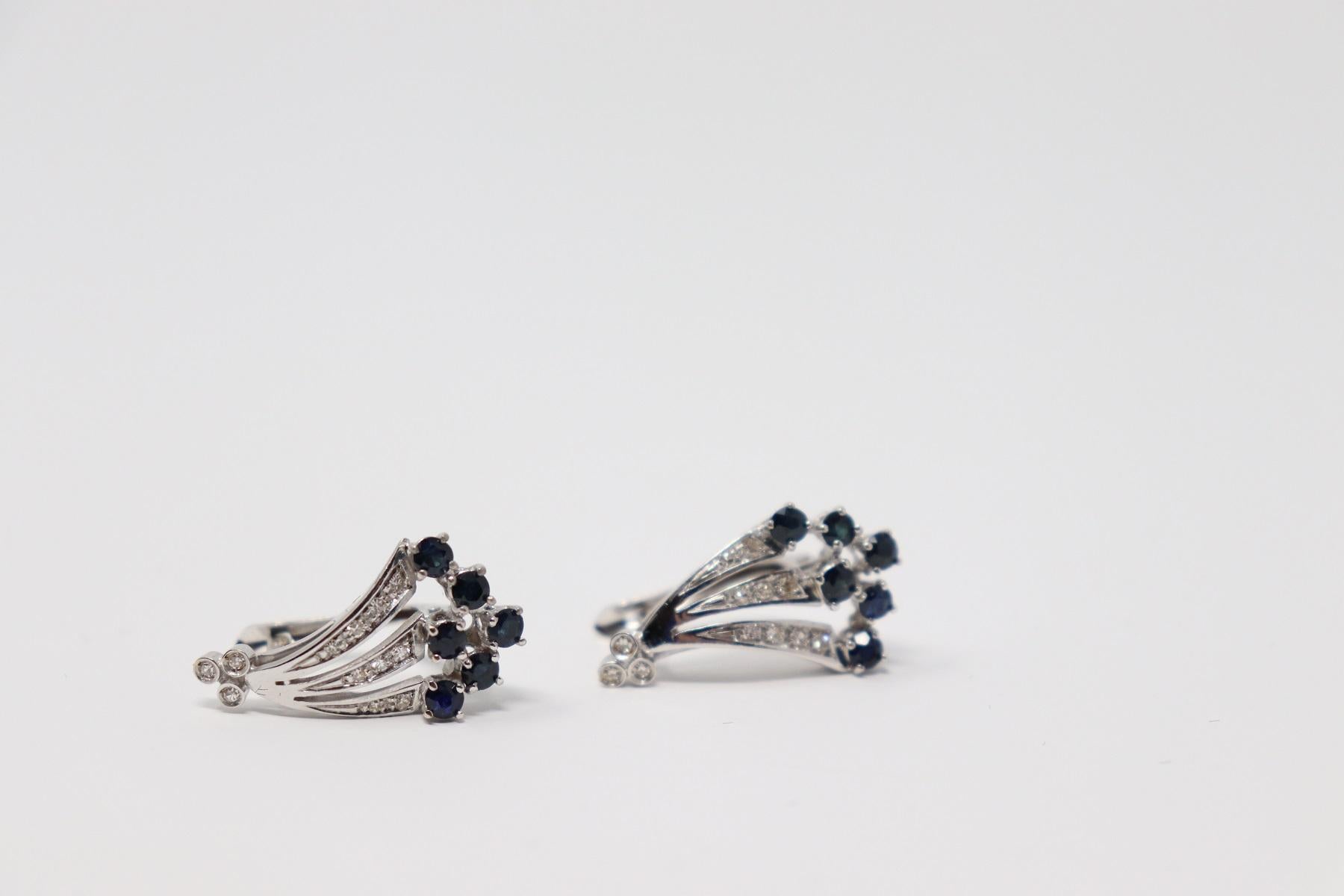 White Gold Drop Earrings with Brilliant Cut Diamonds and Blue Sapphire For Sale 2