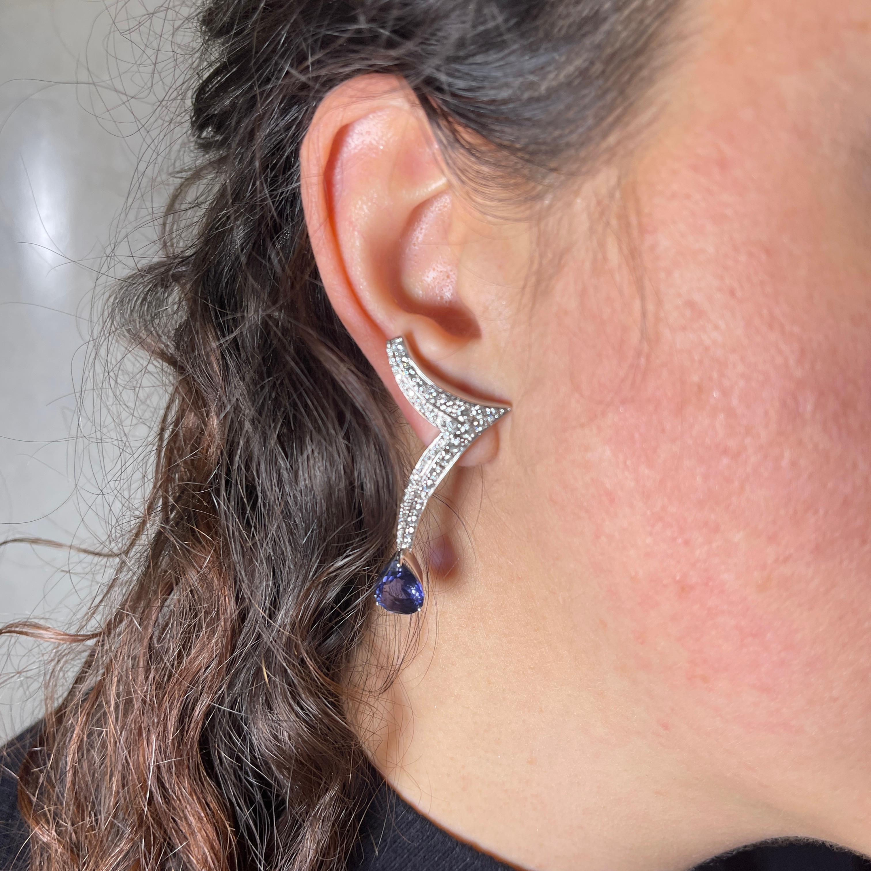 Women's or Men's White Gold Drop Earrings with Pavé Diamonds and Iolite For Sale