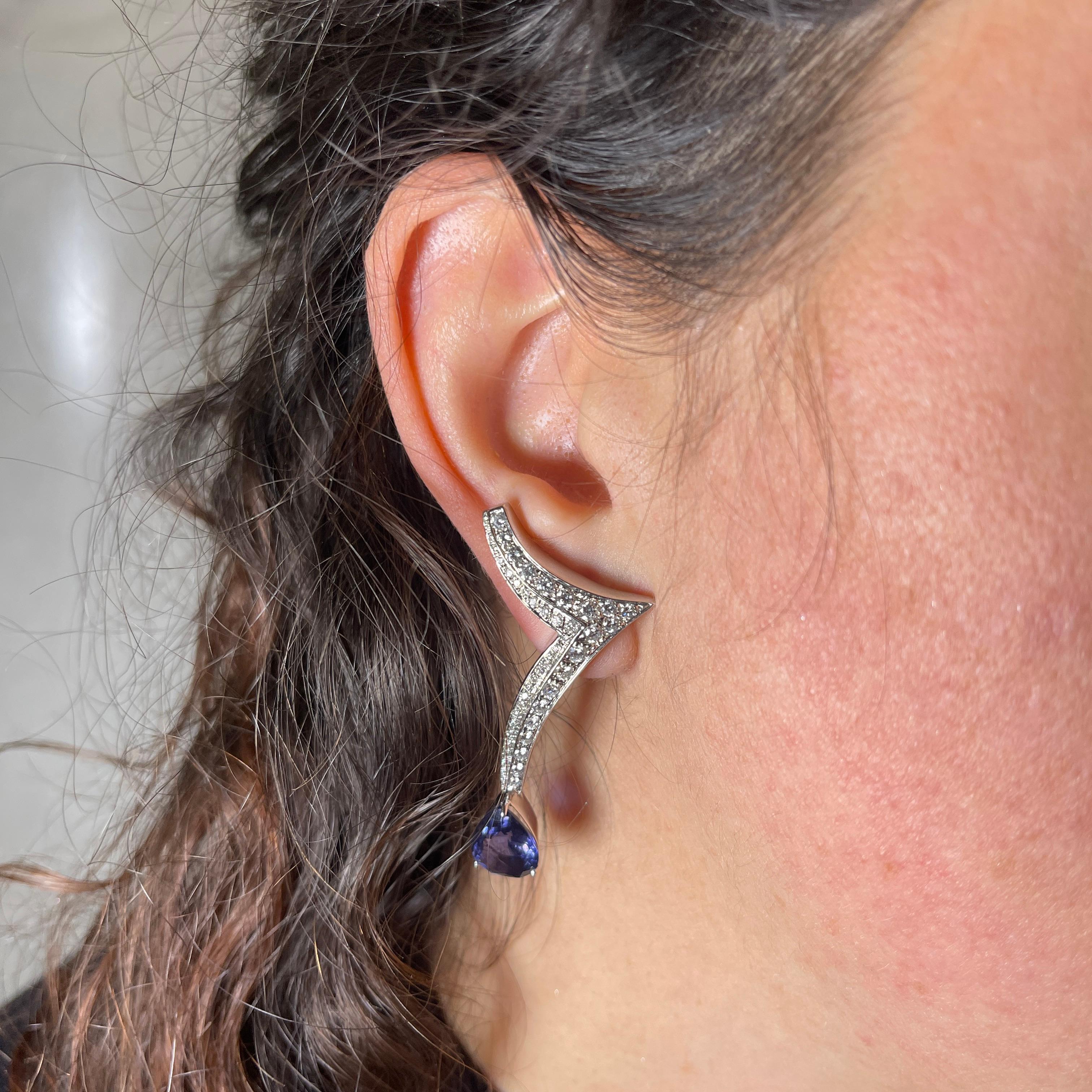 White Gold Drop Earrings with Pavé Diamonds and Iolite For Sale 1
