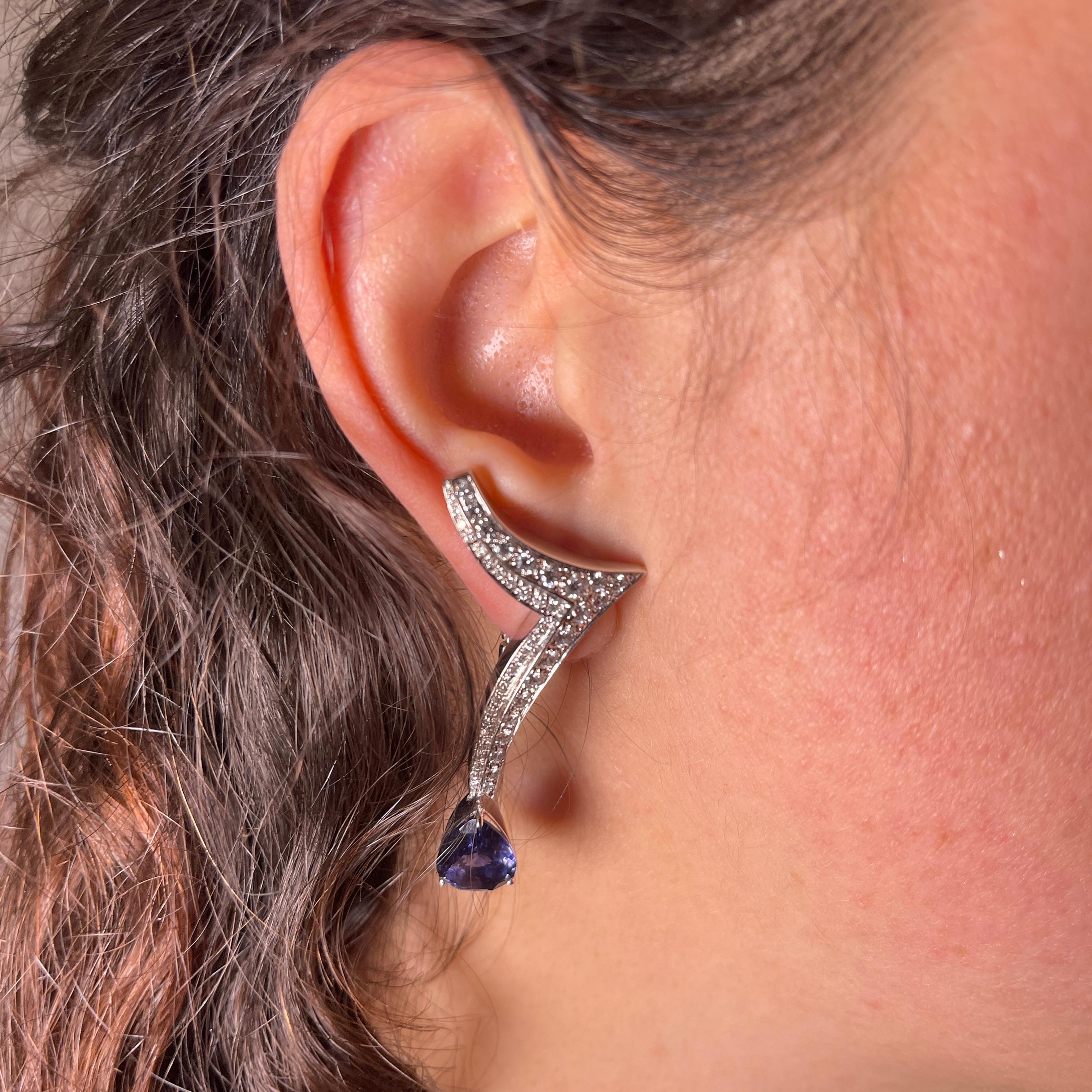 White Gold Drop Earrings with Pavé Diamonds and Iolite For Sale 2