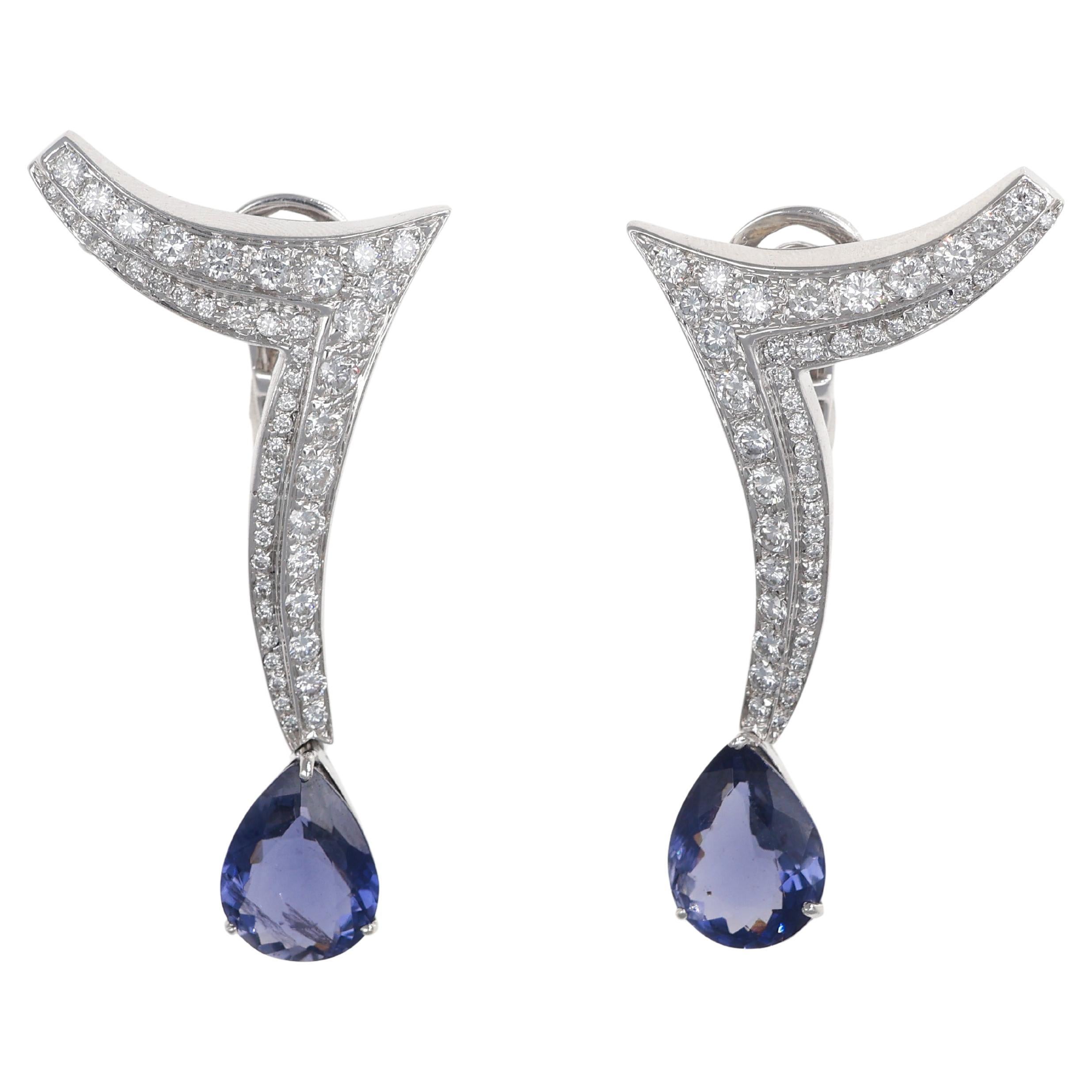 White Gold Drop Earrings with Pavé Diamonds and Iolite For Sale