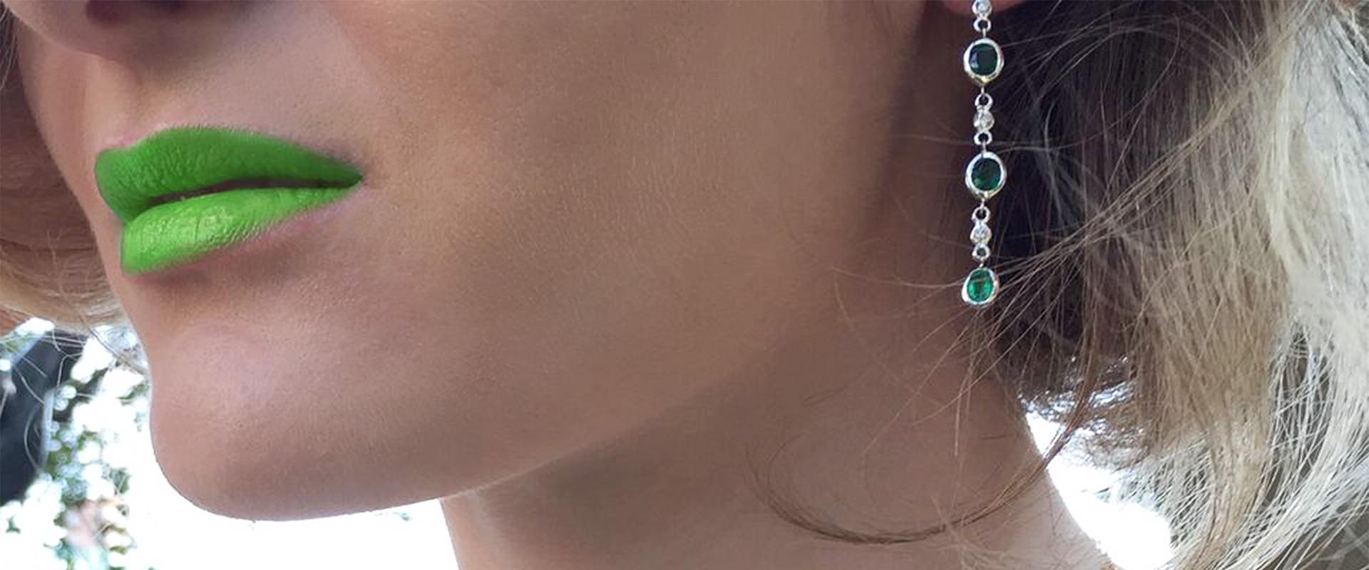 Contemporary White Gold Drop Emerald Diamond Bezel Set Long Earrings