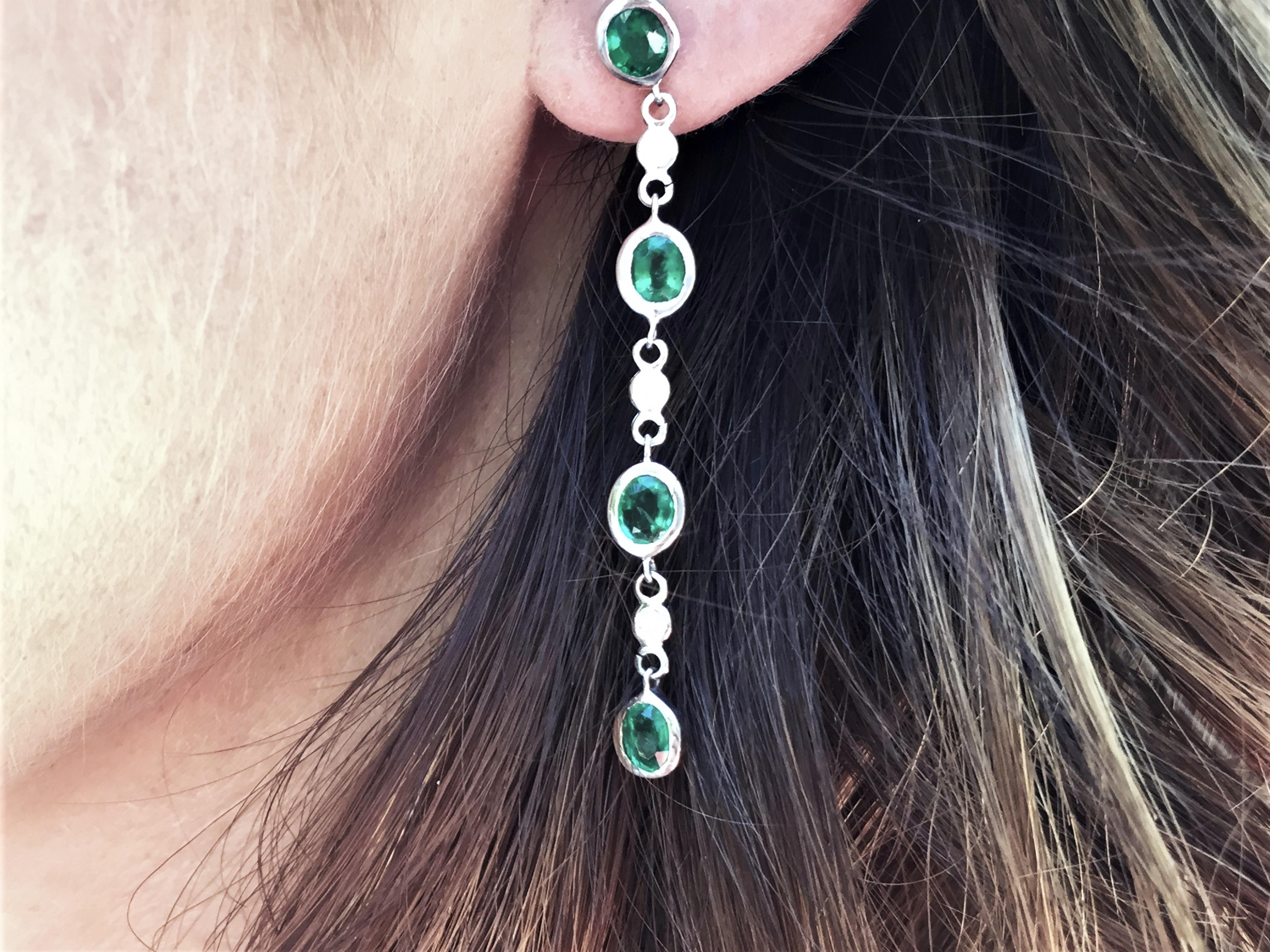 Oval Cut White Gold Drop Emerald Diamond Bezel Set Long Earrings
