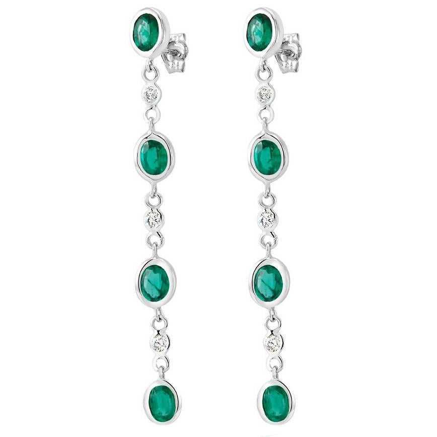 White Gold Drop Emerald Diamond Bezel Set Long Earrings