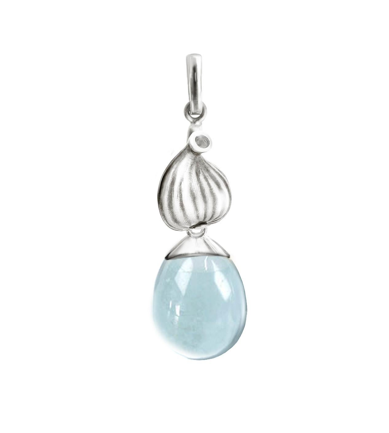 This Fig drop pendant necklace is made of 14 Karat white gold with a cabochon natural aquamarine. The gemstone drop is designed to let light in, adding to its beauty. This collection was featured in Vogue UA. The necklace has a length of