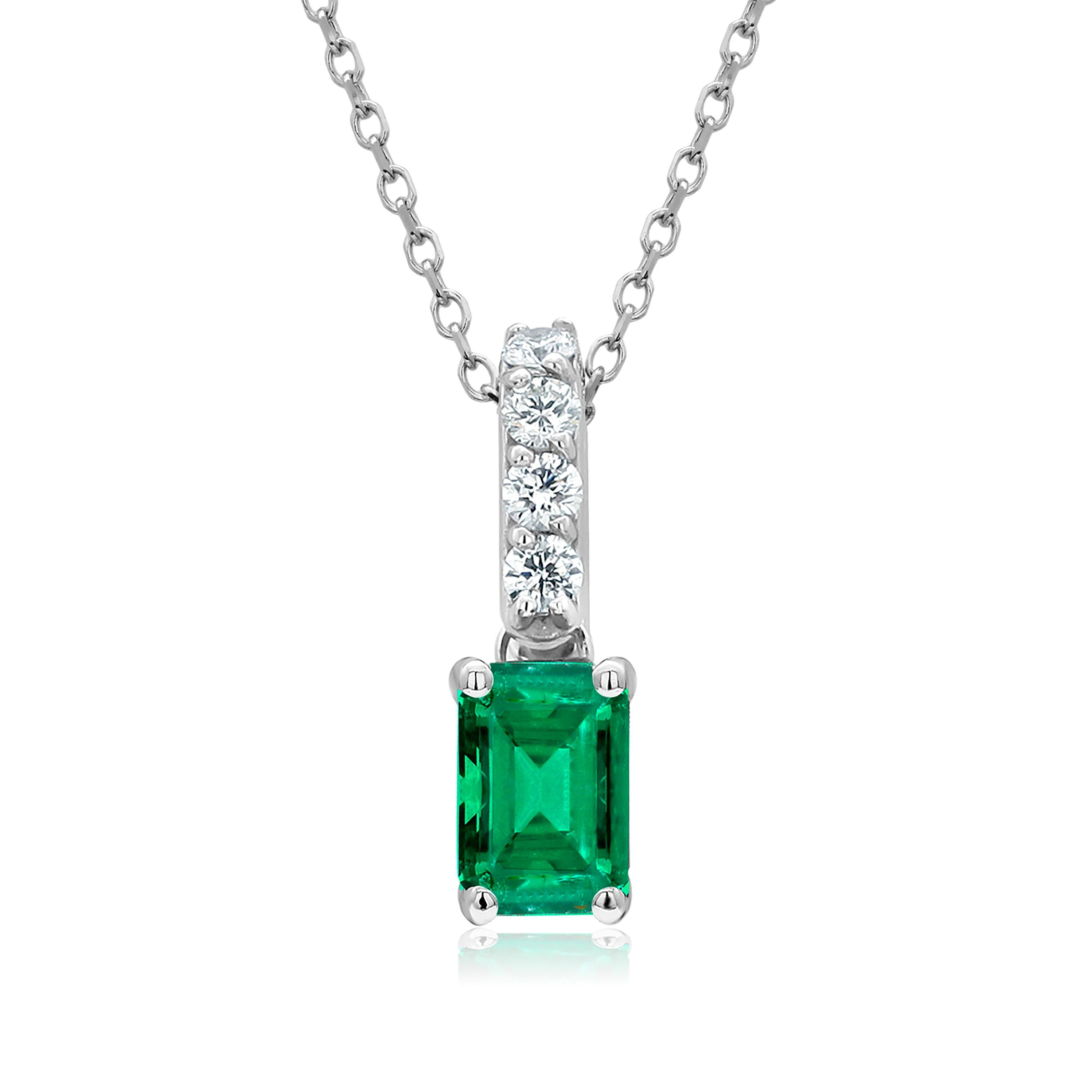 Emerald Cut White Gold Drop Pendant Necklace with Emerald and a Diamond Bail 
