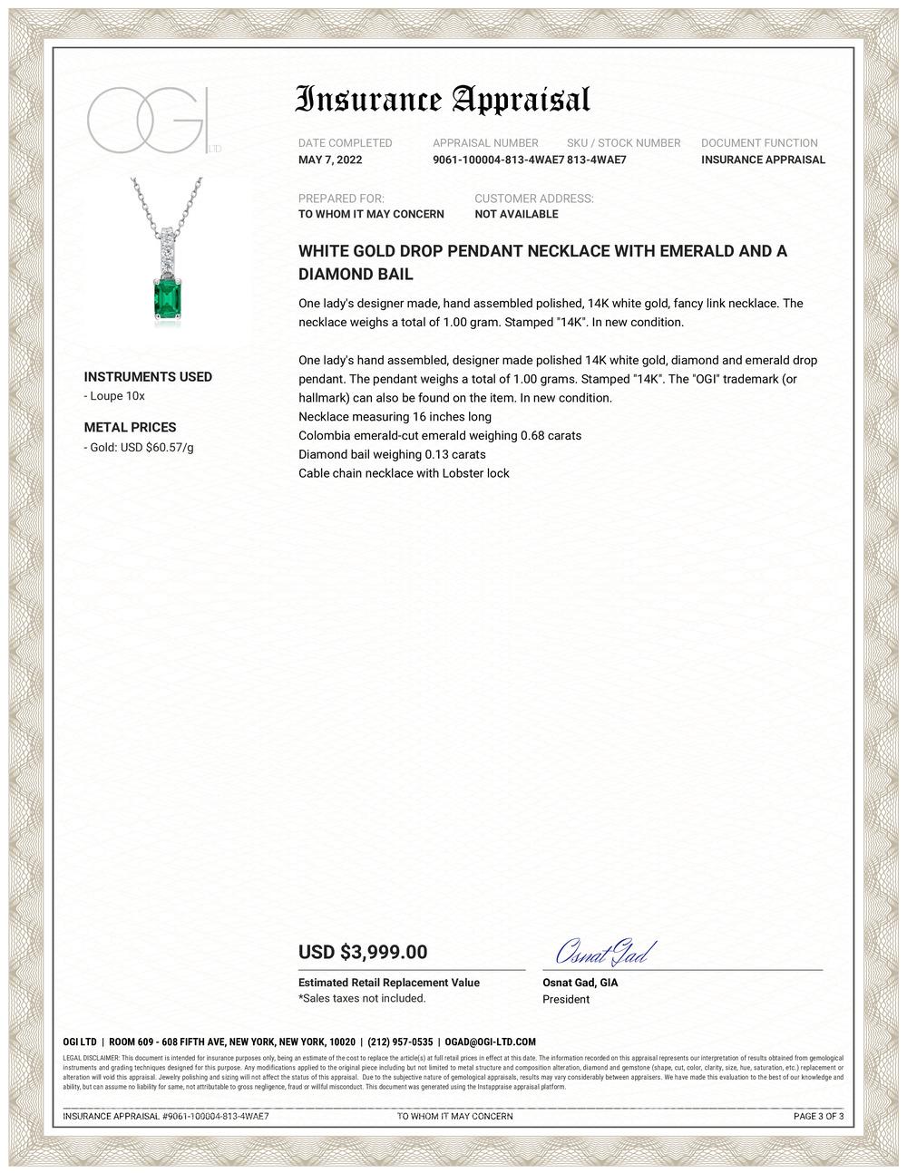 14 karats white gold necklace pendant with emerald-shaped emerald
Necklace measuring 16 inches long
Emerald and diamond pendant measuring 0.65