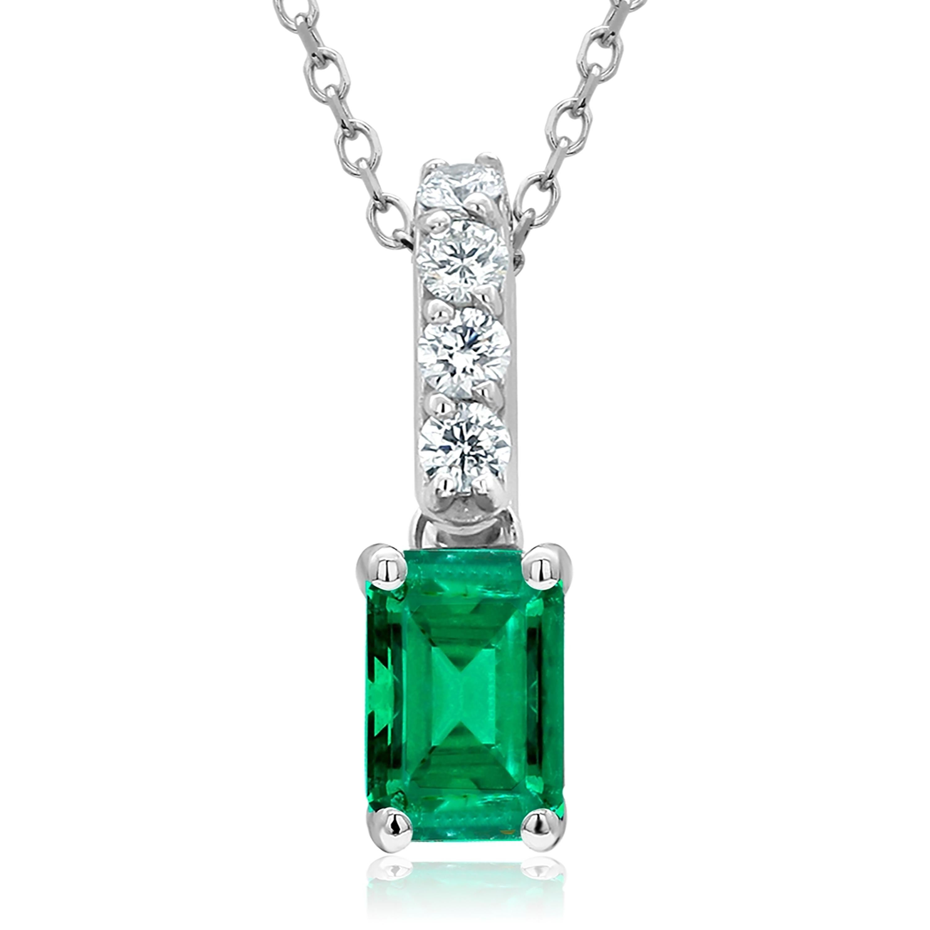Women's or Men's White Gold Drop Pendant Necklace with Emerald and a Diamond Bail 