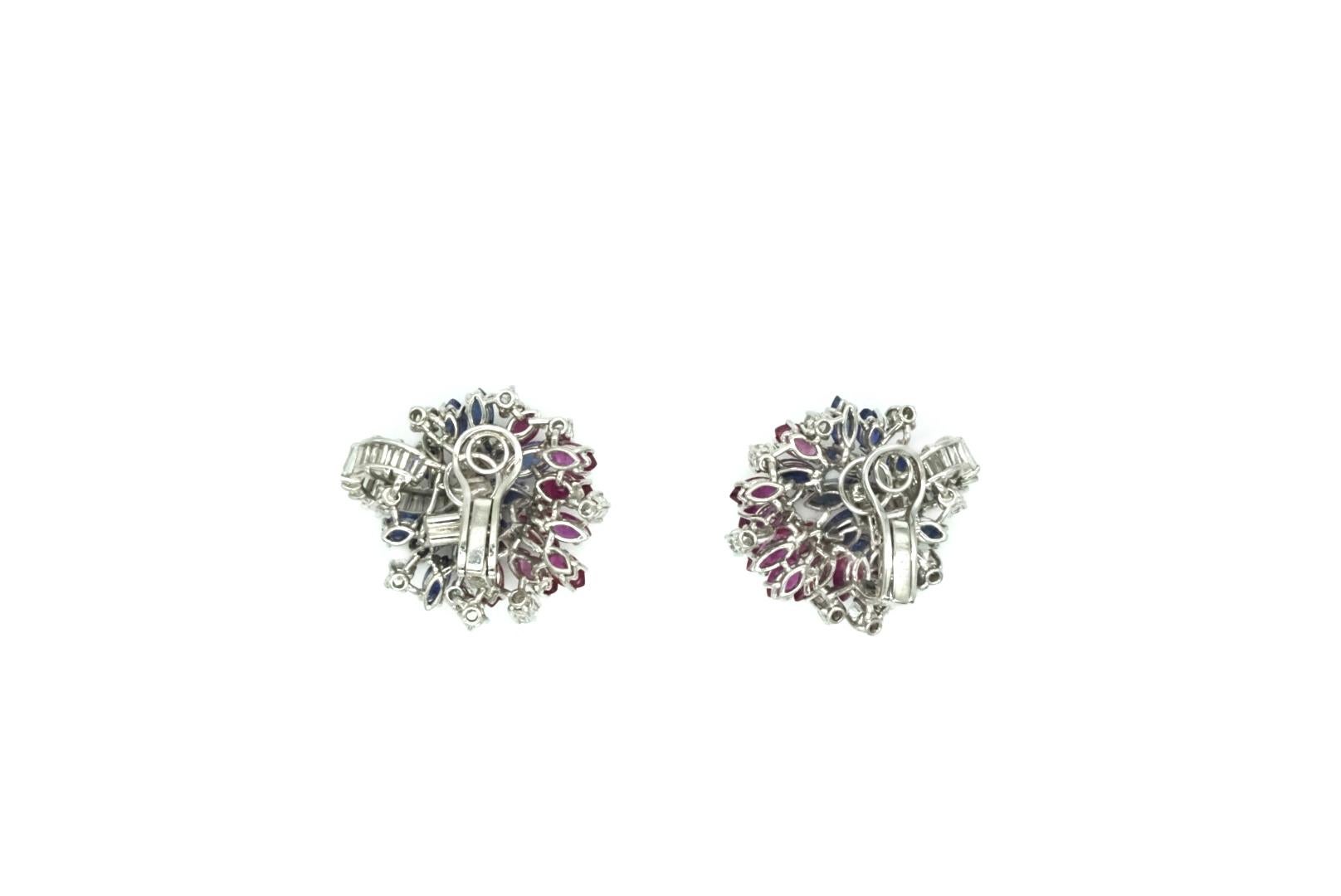 Brilliant Cut White Gold Earclips with Diamonds, Sapphires and Rubies For Sale