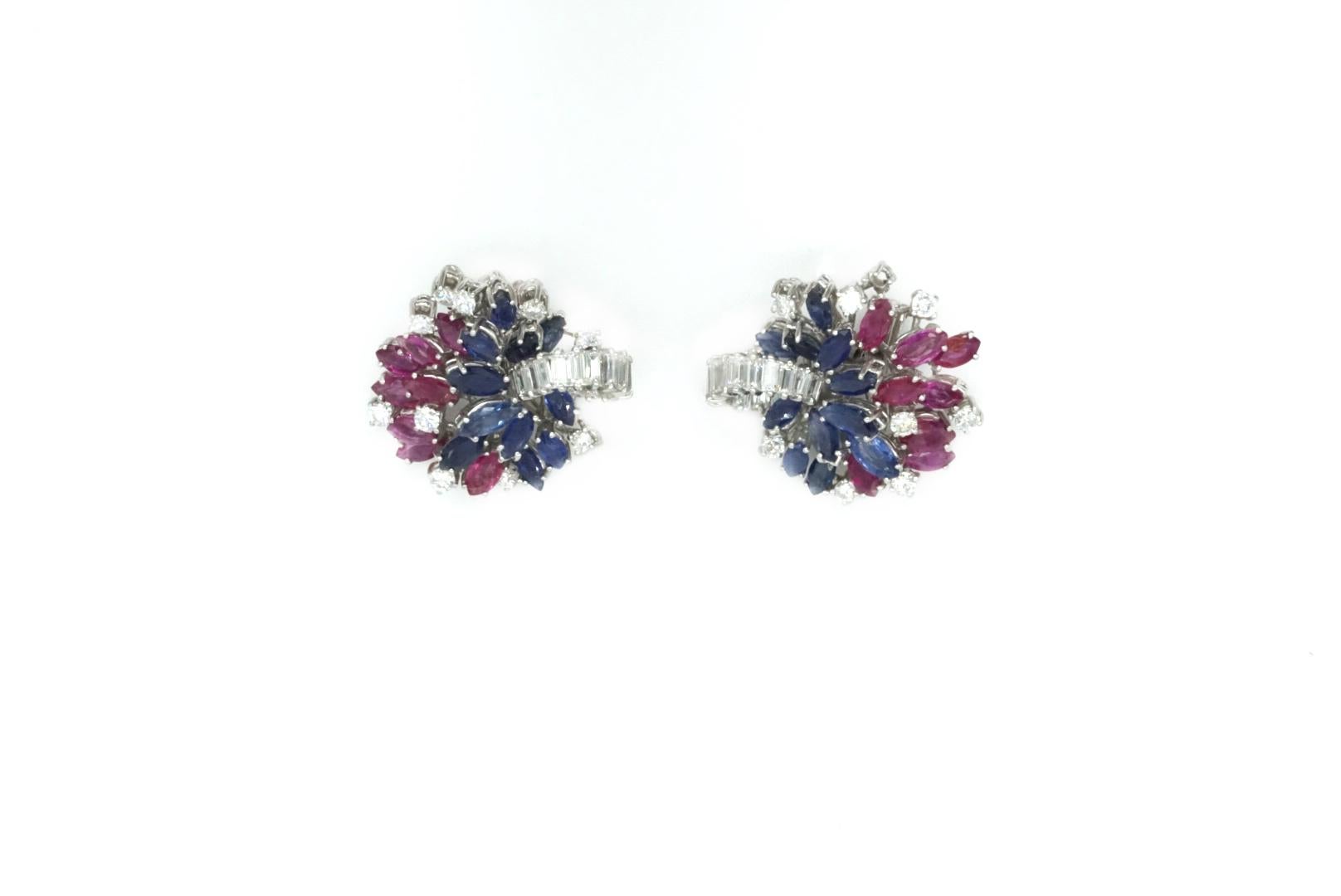 White Gold Earclips with Diamonds, Sapphires and Rubies In Excellent Condition For Sale In New York, NY