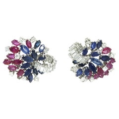 White Gold Earclips with Diamonds, Sapphires and Rubies