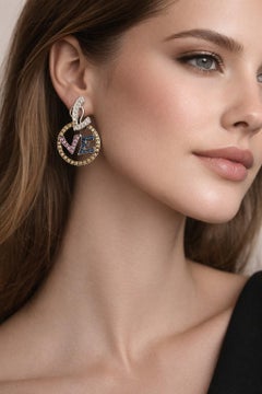 White Gold Diamond, Blue, Yellow and Pink Sapphire Pavé LOVE Earrings