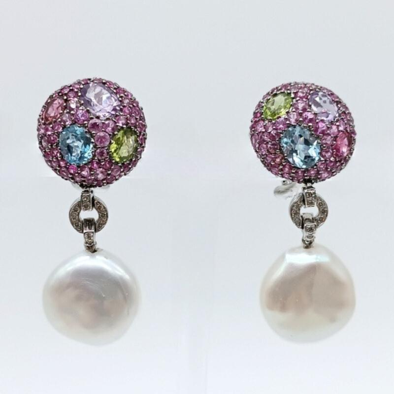 Oval Cut White Gold Earring with Round shape and colourful Stones For Sale
