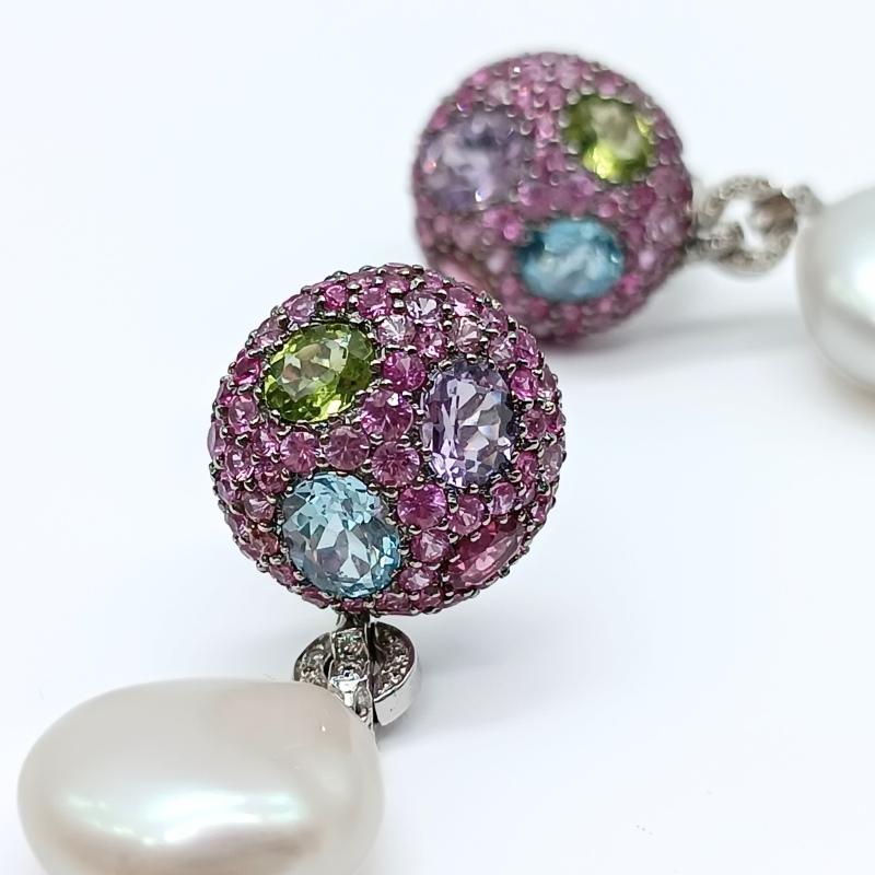 White Gold Earring with Round shape and colourful Stones In New Condition For Sale In BILBAO, ES