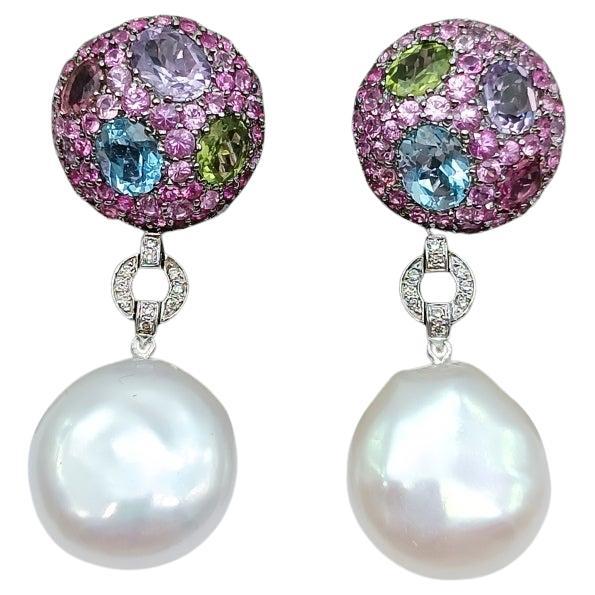 White Gold Earring with Round shape and colourful Stones For Sale