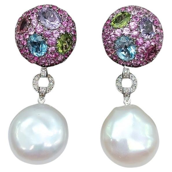 White Gold Earring with Round shape and colourful Stones For Sale