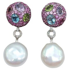 White Gold Earring with Round shape and colourful Stones