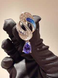 White Gold Earring with White Diamond, Tanzanite, Blue Sapphire with Micromosaic