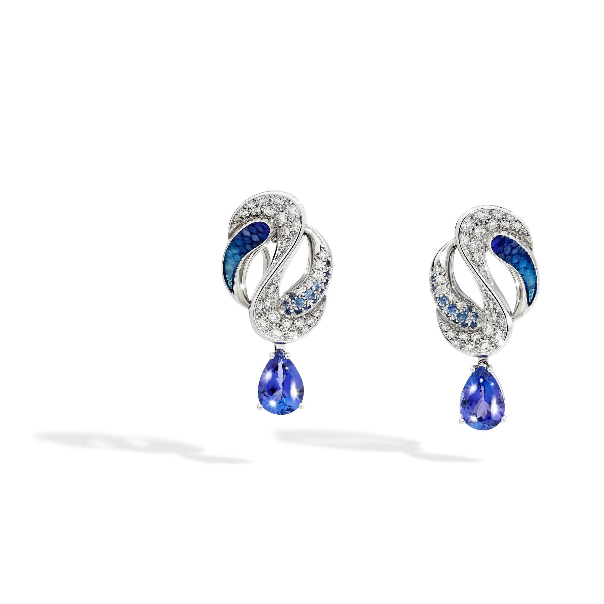 Taglio misto Orecchino in oro bianco con diamante bianco, tanzanite e zaffiro blu con micromosaico in vendita