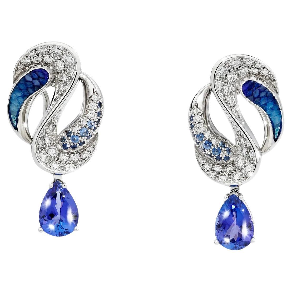 White Gold Earring with White Diamond, Tanzanite, Blue Sapphire with Micromosaic