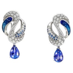White Gold Earring with White Diamond, Tanzanite, Blue Sapphire with Micromosaic