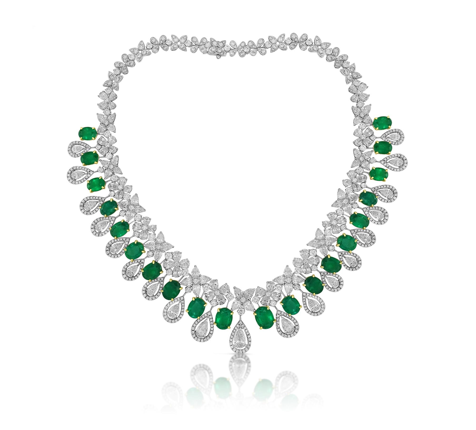 White Gold Earrings and Necklace Set with Diamonds and Emeralds, 114.03 ...