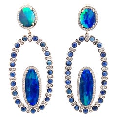 18K White Gold Earrings Featuring Diamonds, Blue Sapphires and Opals