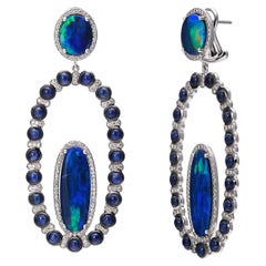 18K White Gold Earrings Featuring Diamonds, Blue Sapphires and Opals