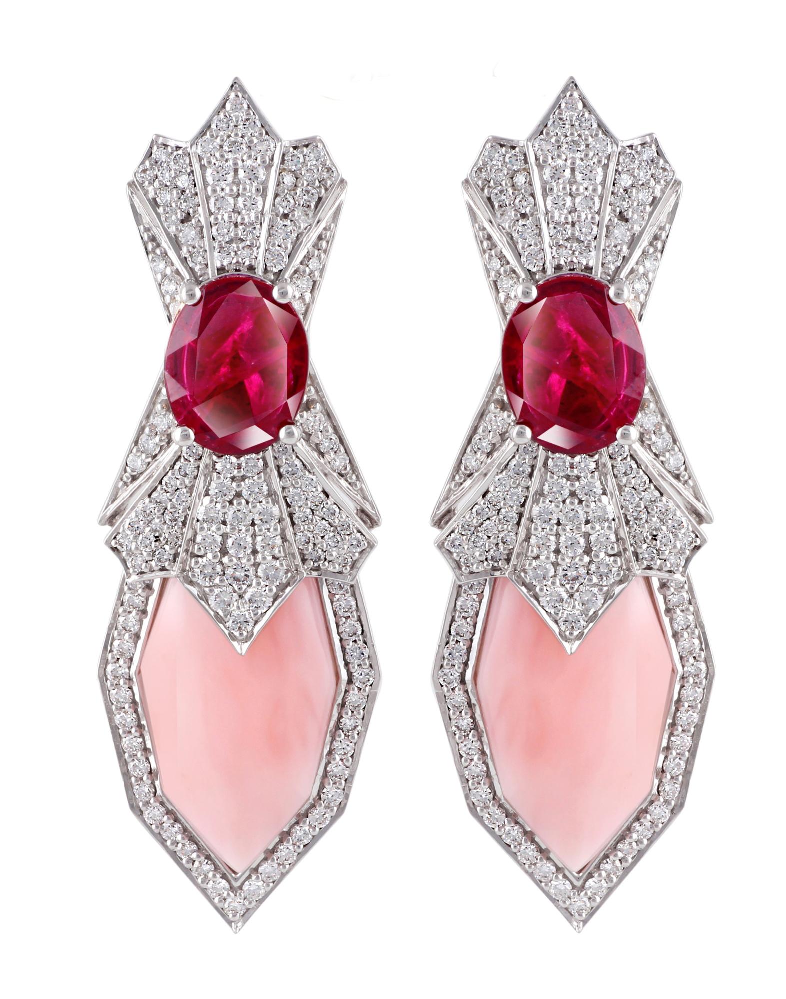 Modern Ananya White Gold Earrings Set with Rubies, Pink Opals and Diamonds