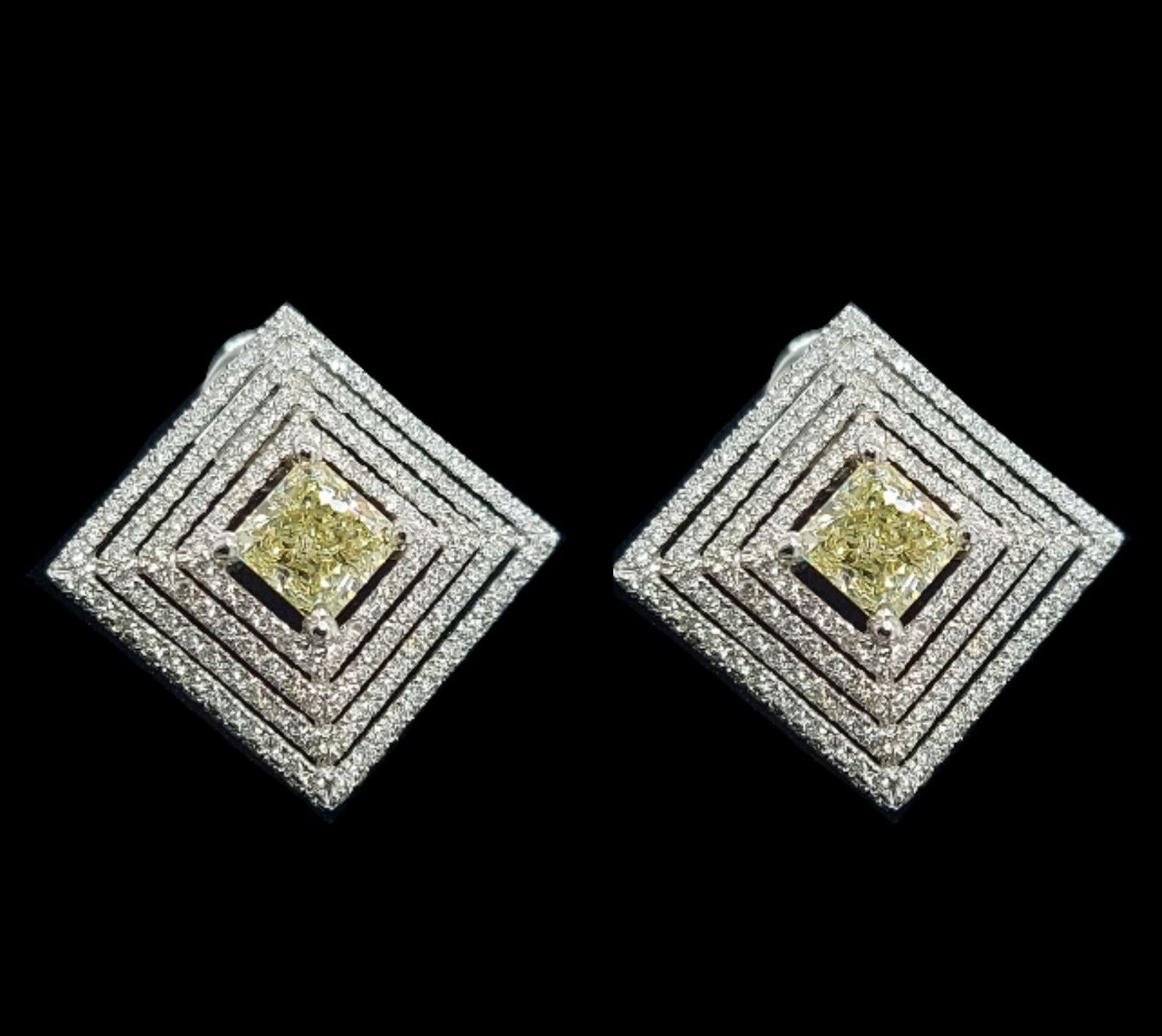 Princess Cut White Gold Earrings with 2.02ct Fancy Yellow Center Diamond & 1.66ct Diamonds For Sale