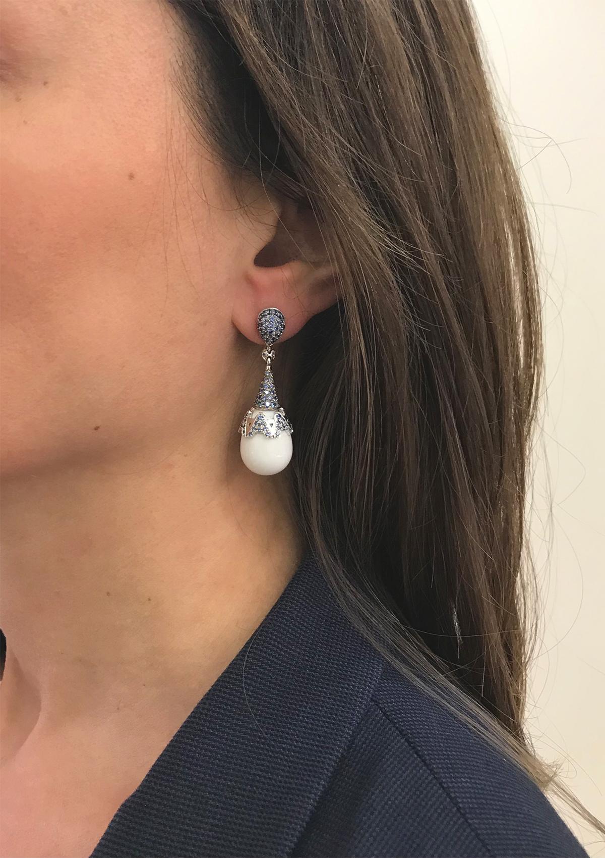 White Gold Earrings with Blue Sapphire Pavè and White Opal Drop with Rotating 