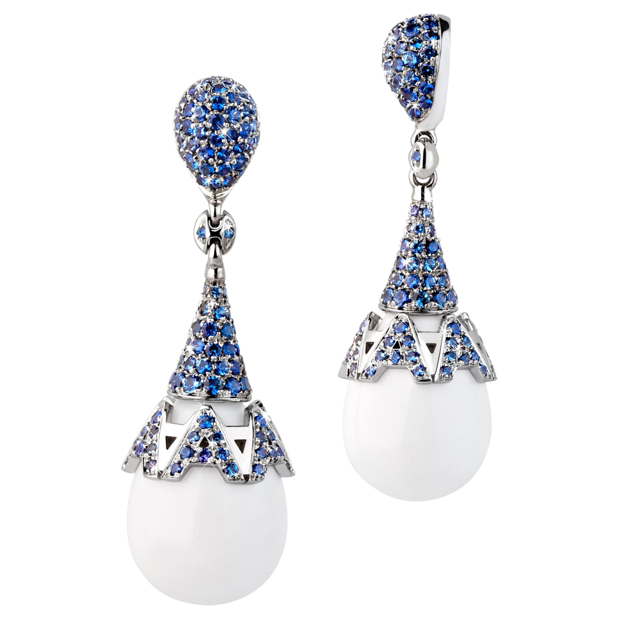 White Gold Earrings with Blue Sapphire Pavè and White Opal Drop with Rotating "A For Sale