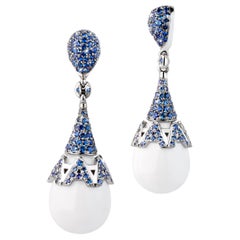White Gold Earrings with Blue Sapphire Pavè and White Opal Drop with Rotating "A