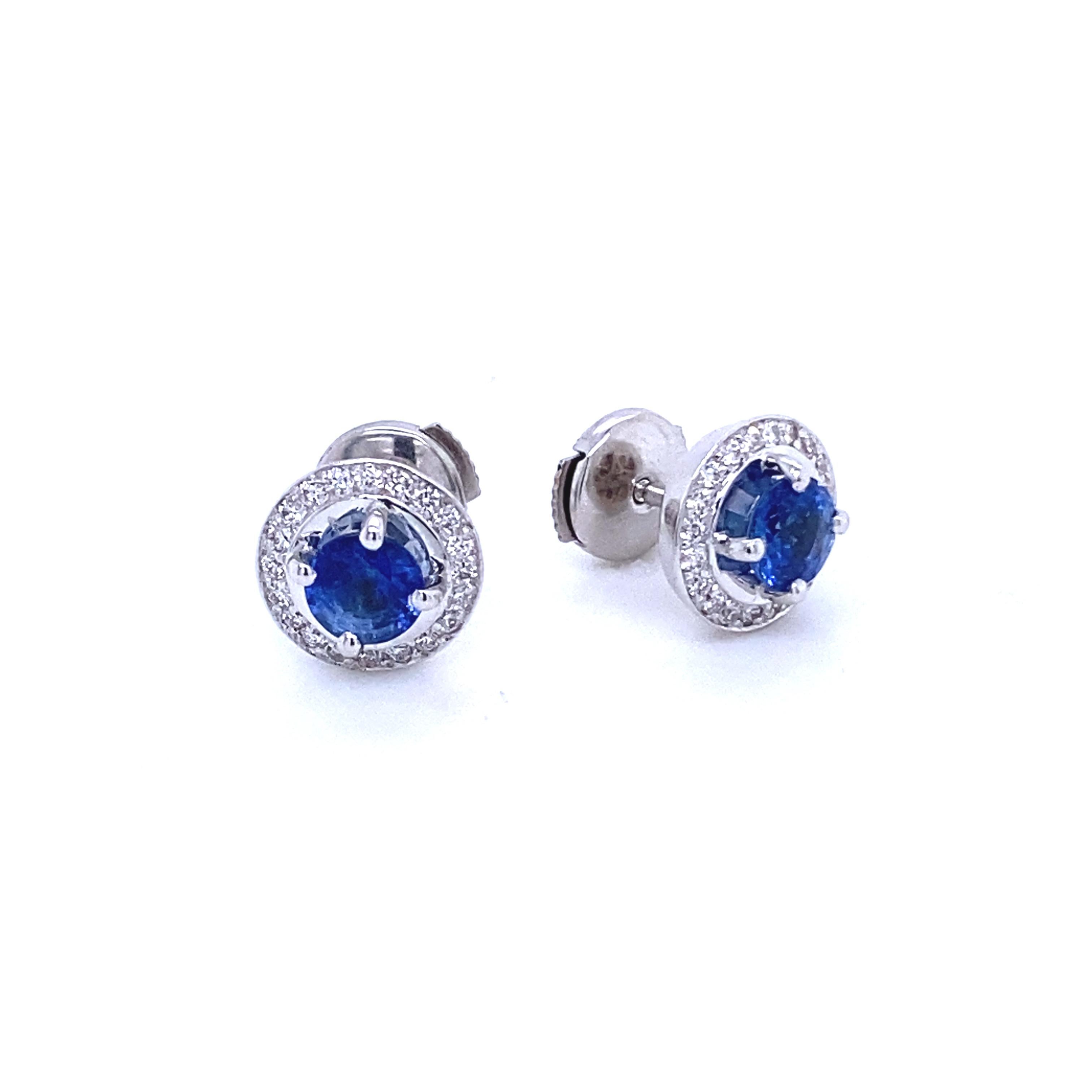 Women's or Men's White Gold Earrings with Ceylon Sapphire and Diamonds For Sale