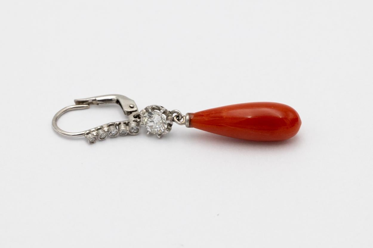 Old European Cut White gold earrings with corals and 1.00ct diamonds For Sale