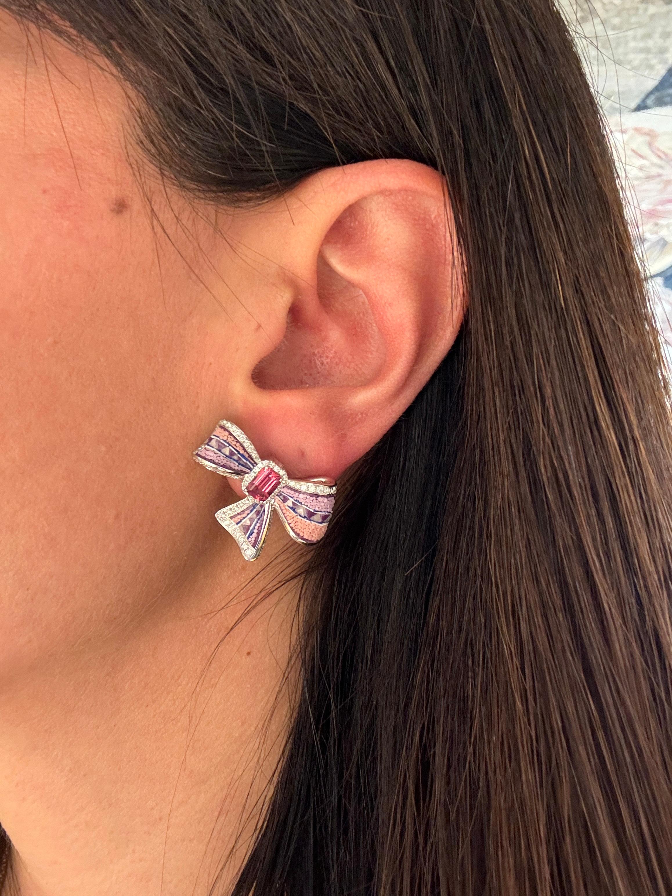 Modern White Gold Earrings with Diamonds, Sapphires and Tourmalines and Micromosaic For Sale