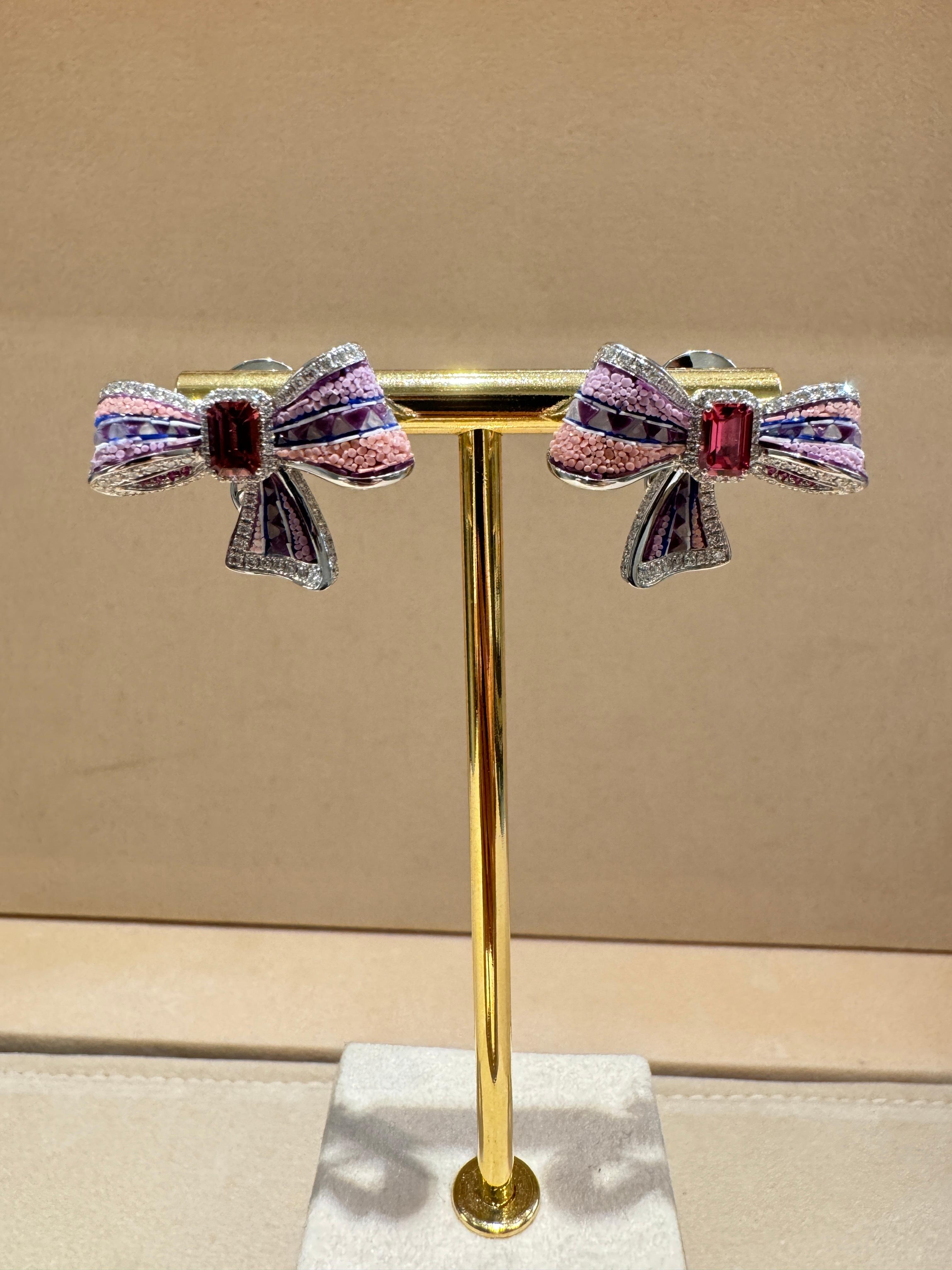 Cushion Cut White Gold Earrings with Diamonds, Sapphires and Tourmalines and Micromosaic For Sale