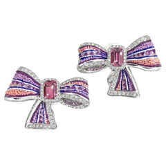 White Gold Earrings with Diamonds, Sapphires and Tourmalines and Micromosaic